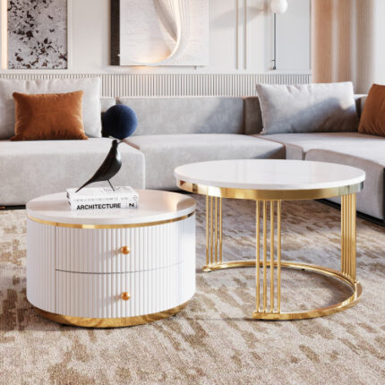 Chic 2-Piece White Circular Nested Coffee Table Set with Storage Drawers 