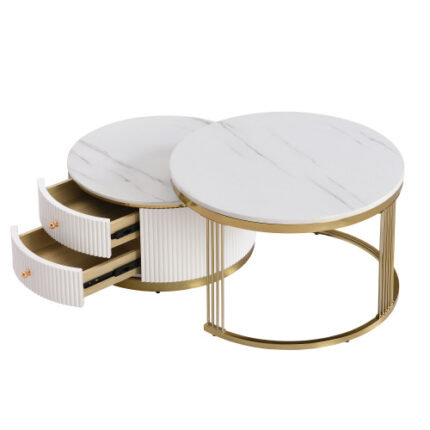 Chic 2-Piece White Circular Nested Coffee Table Set with Storage Drawers 